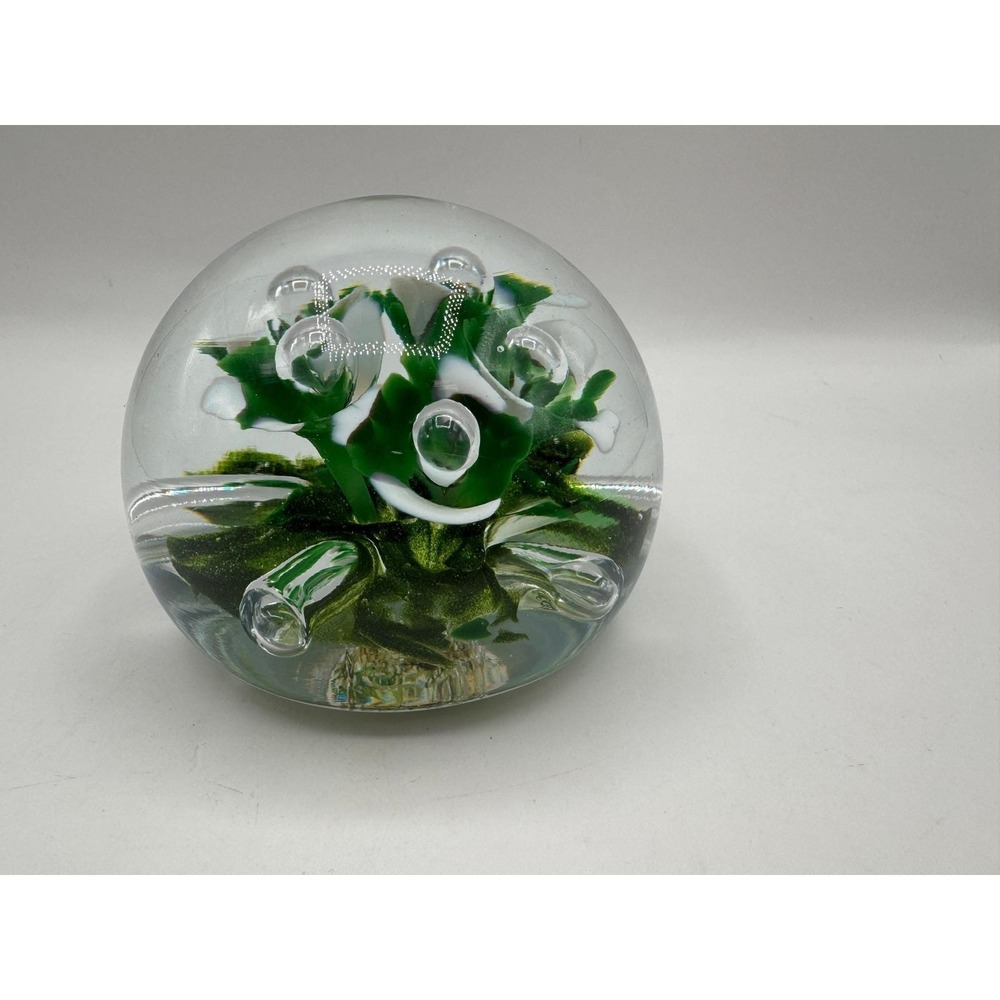 Jennings Bonnell JB Art Glass Paperweight Glitter Green White Floral Bubble - Picture 5 of 12